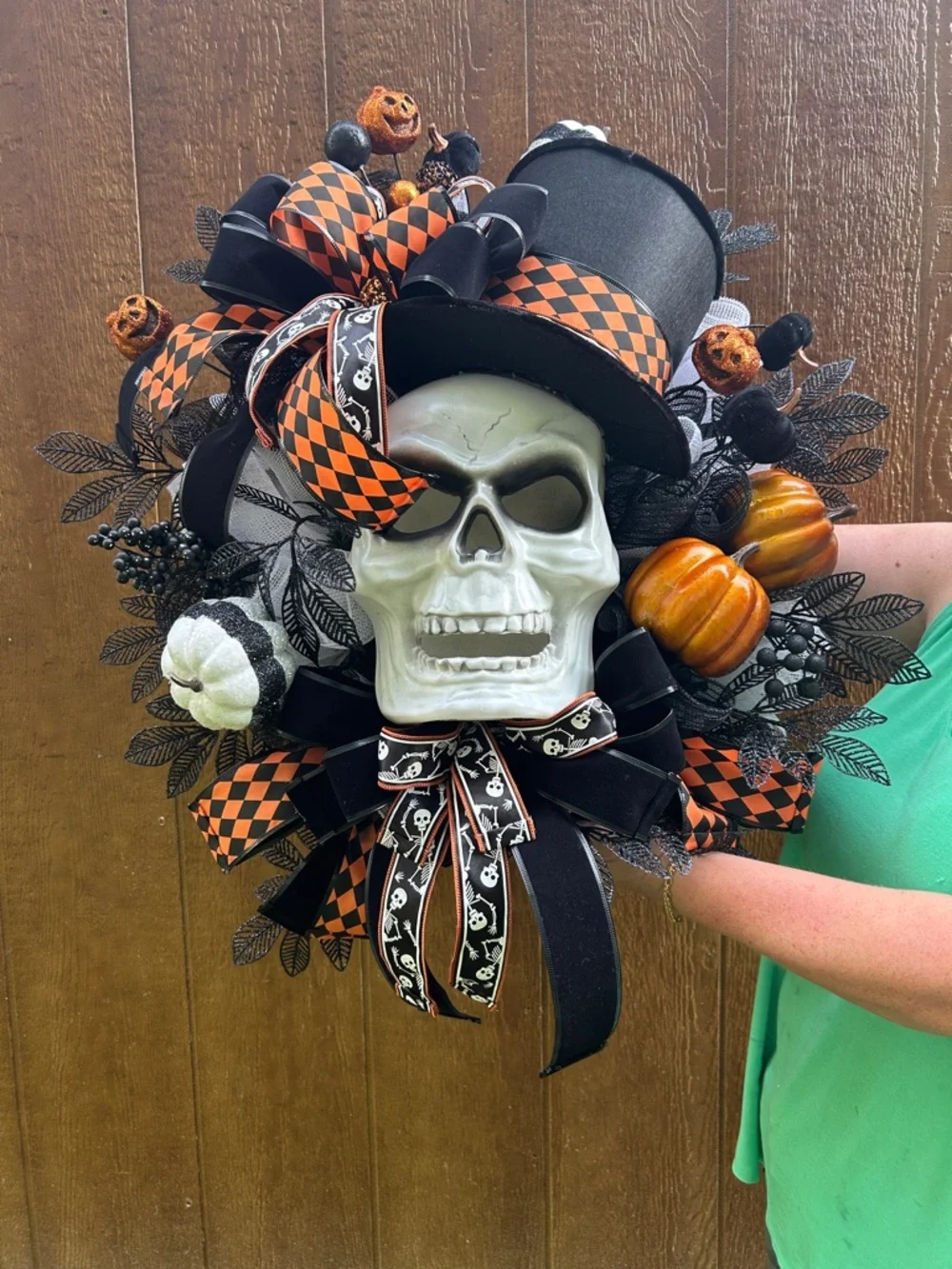 Handmade Halloween Skull Top Hat Wreath with Orange & Black Accents. Lights up!!